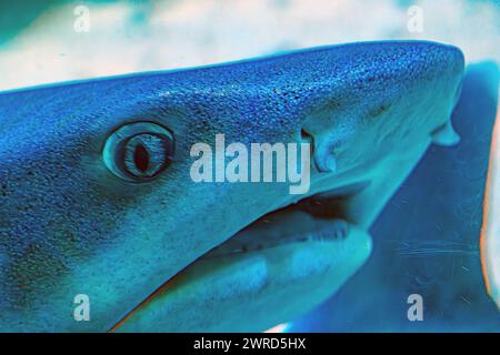 Foto sott'acqua di uno squalo nutrice titubante che giace sulla barriera corallina in acqua cristallina Shorttail nutrice che nuota in un acquario. Questi piccoli squali sono stati trovati Foto Stock