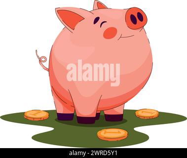 Simpatico maiale rotondo soddisfatto, salvadanaio con monete in giro. Maiale rosa e faccia adorabile Illustrazione Vettoriale
