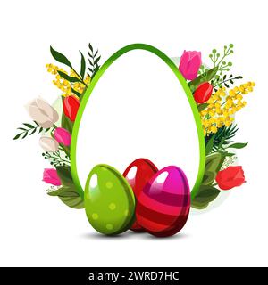 Cornice vettoriale per uovo di Pasqua con uova rosse e verdi e foglie, mimosa e tulipani sullo sfondo. Illustrazione in stile piatto. Clipart primaverile per le parole Illustrazione Vettoriale