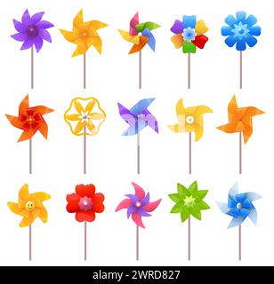 Giocattoli con ruota dentata a cartoni animati. Mulini a vento colorati in carta. Eliche per bambini con lame di forma diversa. Mulini a brezza. Origami bambino. Ventola ruotata Illustrazione Vettoriale