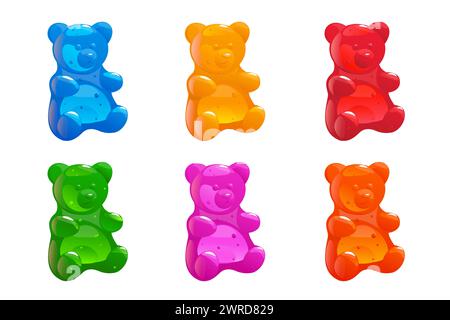 Orsetti di gelatina colorati di cartoni animati. Marmellata da masticare. La frutta ha un sapore gommoso. Dolci gommosi per bambini. Dessert a base di zucchero a forma di animale. Caramelle elastiche brillanti. Delizioso Illustrazione Vettoriale