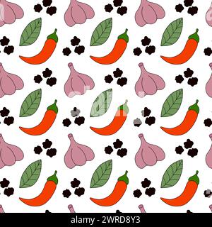 Motivo senza cuciture con peperoncino, alloro, pepe nero e aglio. Spezie, condimenti ed erbe aromatiche. Carta da parati da cucina. Illustrazione piatta vettoriale. Illustrazione Vettoriale