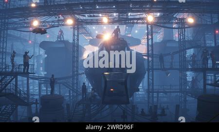 Produzione di navi militari futuristiche in fabbrica. Concetto futuro di persone e robot. rendering 3d. Foto Stock