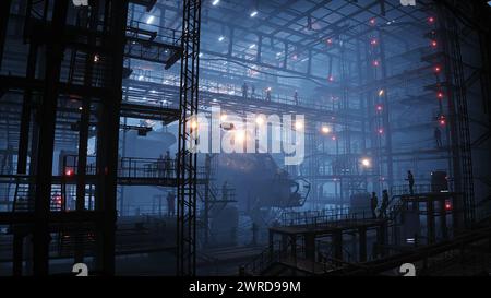 Produzione di navi militari futuristiche in fabbrica. Concetto futuro di persone e robot. rendering 3d. Foto Stock
