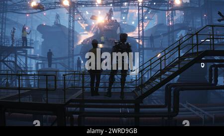 Produzione di navi militari futuristiche in fabbrica. Concetto futuro di persone e robot. rendering 3d. Foto Stock