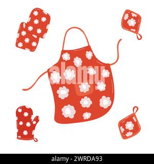 Grazioso grembiule da cucina con guanti da forno e asciugamano da cucina, grembiule da chef. Illustrazione Vettoriale