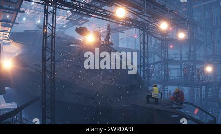 Produzione di navi militari futuristiche in fabbrica. Concetto futuro di persone e robot. rendering 3d. Foto Stock