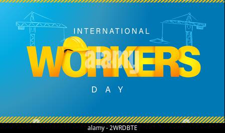 1 maggio, poster tipografico della giornata internazionale dei lavoratori. Concetto vettoriale per la giornata di lavoro con testo, casco giallo e gru da cantiere Illustrazione Vettoriale