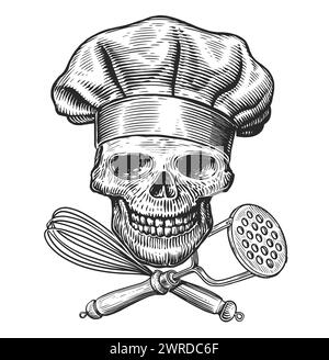 Illustrazione vettoriale scheletro. Grattugiare il teschio nel cappello dello chef con gli utensili da cucina incrociati Illustrazione Vettoriale