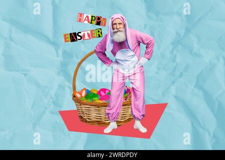 Immagine collage schizzo di divertente vecchio coniglietto rosa costume uova cestino festeggia pasqua invito cartolina bizzarro insolita fantasia cartellone Foto Stock