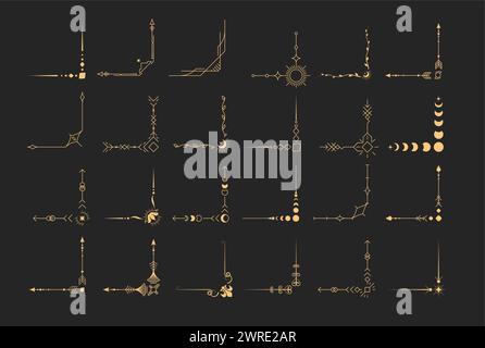 Set di angoli mistici, cornici e bordi in stile tarocchi, decorazioni magiche e astrologiche, vignette d'angolo esoteriche, vettore Illustrazione Vettoriale