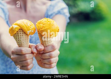 Le mani delle donne tengono un gelato rinfrescante in coni di waffle con un pizzico di saporito sapore di limone. Con spazio di copia Foto Stock