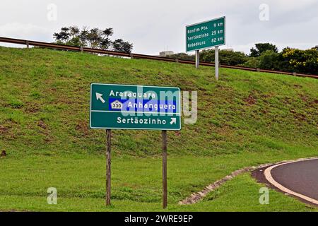 Indicazioni per i percorsi a piedi che indicano le strade e le città vicine di Ribeirao Preto, San Paolo, Brasile Foto Stock