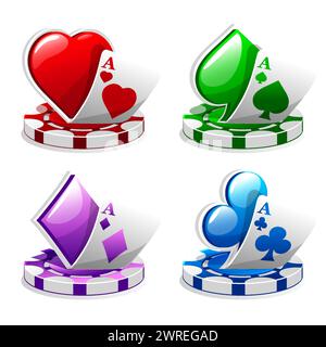 Set di icone per casinò o slot. Carte da poker con quattro colori e simboli. Illustrazione Vettoriale
