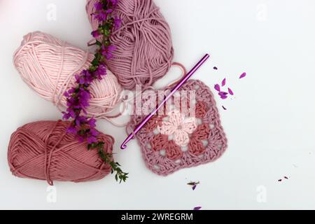 Quadrato di nonna all'uncinetto rosa, palle di filato di cotone morbido di diverse tonalità di colore rosa. Sfondo bianco con spazio di copia. Concetto di uncinetto primaverile. Foto Stock