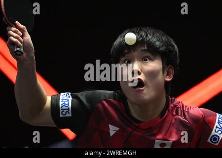 Singapore. 12 marzo 2024. Il Giappone Harimoto Tomokazu serve durante il round del 32 contro la Danimarca Jonathan Groth al World Table Tennis Singapore Smash 2024 a Singapore, 12 marzo 2024. Credito: Poi Chih Wey/Xinhua/Alamy Live News Foto Stock