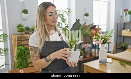 Una donna caucasica fiorista in un grembiule che tiene una pianta ammira il suo lavoro all'interno di un negozio di fiori, circondato da varie piante e fiori verdi. Foto Stock