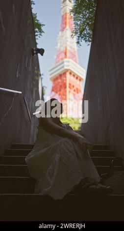 Bellissima donna ispanica con occhiali appollaiati sulle scale, un ritratto della modernità urbana nel famoso punto della torre di tokyo Foto Stock