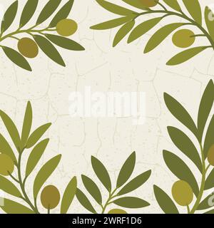 I rami di ulivo inquadrano con spazio per il testo. Sfondo verde e beige per la produzione di olio. Illustrazione vettoriale disegnata a mano. Illustrazione Vettoriale