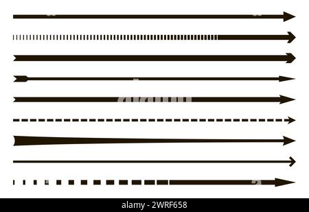 Frecce lunghe e dritte rivolte verso destra. Glifi a freccia con linee spesse, sottili e tratteggiate nere vettoriali con punte a freccia in grassetto. Pittogrammi oblunghi isolati per l'orientamento e la navigazione, per segnali in avanti Illustrazione Vettoriale