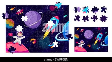 Puzzle puzzle pezzi da gioco. Cartoon, galassia, astronauta e paesaggio spaziale. Foglio di lavoro didattico vettoriale per bambini in età prescolare con divertente astronauta in cosmo e parti delle immagini cadute Illustrazione Vettoriale