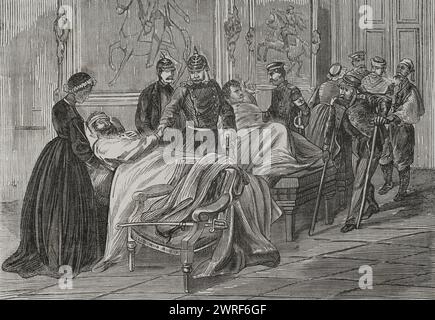 Guerra franco-prussiana (1870-1871). Re Guglielmo i di Prussia (1797-1888) visitò i feriti negli ospedali. Incisione. Historia de la Guerra de Francia y Prusia (storia della guerra tra Francia e Prussia). Volume II Pubblicato a Barcellona, 1871. Foto Stock