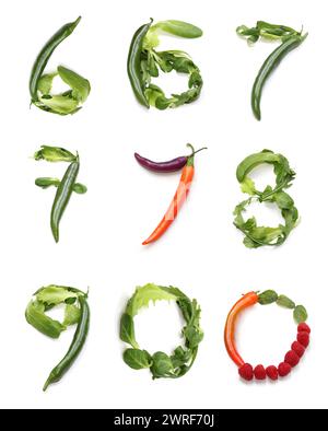 numeri 0 6 7 8 9 da peperoncino verde arancia viola, bacca rossa e insalata verde foglia di lattuga. Cibo vegano numero sei, sette, nove, zero, lettera o o Foto Stock