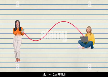 Immagine di schizzo grafica composita collage di foto 3D di una giovane studentessa con insegnante universitario tenere in mano il dispositivo comunicare Foto Stock