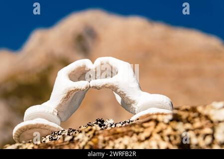 Gesto di cuore e mani con una scultura stampata in 3D - modello libero dal thingiverso - a Großer Ahornboden, grande acero, Hinterriß, Schwaz, Tirolo, AUS Foto Stock