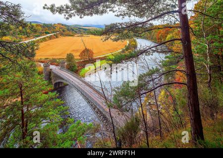 Vista in autunno del ponte Craigellachie sul fiume Spey vicino ad Aberlour a Moray, Scozia Foto Stock