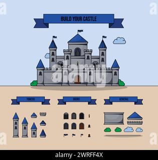 Set di icone dei castelli vettoriali medievali. Icona della torre del castello delle fiabe dei cartoni animati. Illustrazione Vettoriale
