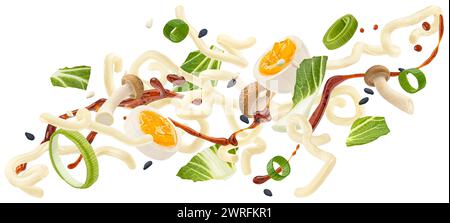 Spaghetti Udon con verdure, uova, funghi e salsa di soia Foto Stock