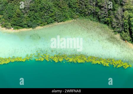 Lago nel Giura, paesaggio astratto del giurassico, vista aerea dal Belvedere des Quatres Lacs (punto panoramico dei quattro laghi), Francia Foto Stock