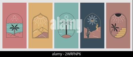 Emblema boho lineare Vector con palme, spiaggia di mare e sole in stile bohémien. Loghi di viaggio con cactus, deserto sabbioso, montagne e alberi tropicali. I moderni badge estivi e per le vacanze Illustrazione Vettoriale