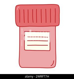 Contenitore o vasetto in plastica con etichetta per farmaci o pillole, illustrazione vettoriale stile doodle Illustrazione Vettoriale