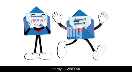 Personaggio della mascotte dei cartoni animati a busta, punti cupidi cartoni animati con un gesto di mano, adesivo con messaggi a fumetti retrò, vettore piatto dal design elegante e carino Illustrazione Vettoriale