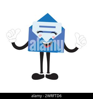 Personaggio della mascotte dei cartoni animati a busta, punti cupidi cartoni animati con un gesto di mano, adesivo con messaggi a fumetti retrò, vettore piatto dal design elegante e carino Illustrazione Vettoriale
