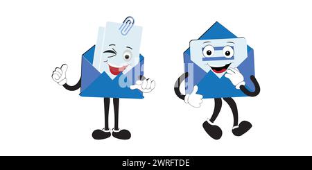 Personaggio della mascotte dei cartoni animati a busta, punti cupidi cartoni animati con un gesto di mano, adesivo con messaggi a fumetti retrò, vettore piatto dal design elegante e carino Illustrazione Vettoriale