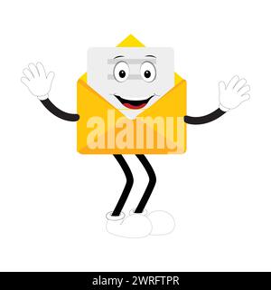 Personaggio della mascotte dei cartoni animati a busta, punti cupidi cartoni animati con un gesto di mano, adesivo con messaggi a fumetti retrò, vettore piatto dal design elegante e carino Illustrazione Vettoriale