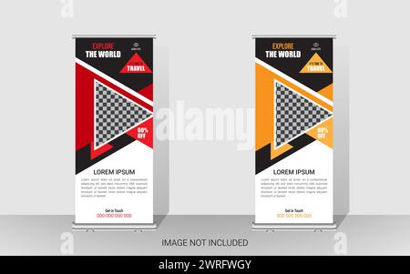 Banner roll-up per agenzie di viaggi professionali, cartelloni pubblicitari per espositori o modelli di banner roll-up aziendali, annunci pubblicitari, pull-up e promozionali. Illustrazione Vettoriale