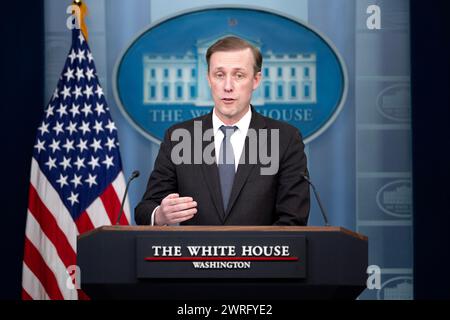 Washington, Stati Uniti. 12 marzo 2024. Jake Sullivan, consigliere per la sicurezza nazionale degli Stati Uniti, parla durante una conferenza stampa nella James S. Brady Press Briefing Room alla Casa Bianca di Washington, DC, martedì 12 marzo 2024. La Casa Bianca ha annunciato un pacchetto di 300 milioni di dollari in assistenza militare all'Ucraina, l'ultimo sforzo dell'amministrazione Biden per garantire aiuti a Kiev mentre il Congresso rimane bloccato. Foto di Tom Brenner/UPI credito: UPI/Alamy Live News Foto Stock