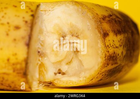 Le banane sono sull'orlo dell'estinzione. Immagine macro di una banana rotta in due e che mostra cosa c'è dentro. Foto di alta qualità Foto Stock