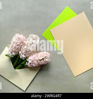 Fiori rosa di Giacinto primaverile ordinatamente disposti in una busta, spazio copia su carta colorata, composizione quadrata Foto Stock