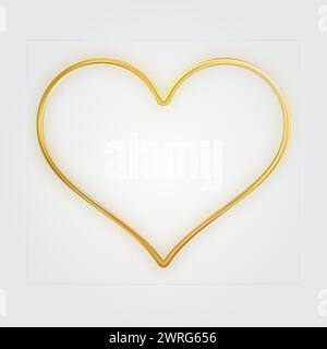 Sottile cornice a cuore dorato. Golden Realistic Heart Border. Il lusso, simbolo dell'amore. Illustrazione Vettoriale