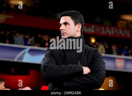 L'allenatore dell'Arsenal Mikel Arteta davanti alla finale di UEFA Champions League del 16° turno, partita di andata e ritorno all'Emirates Stadium di Londra. Data foto: Martedì 12 marzo 2024. Foto Stock