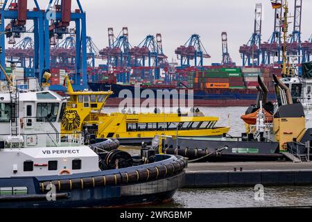 Porto di Amburgo, HHLA Container Terminal Burchardkai, Athabaskakai, sull'Elba, nave portacontainer Elbsky, porto rimorchiatore presso il nuovo ponte di rimorchiamento, Hadag Foto Stock