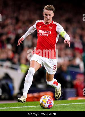 Martin Odegaard dell'Arsenal durante la UEFA Champions League Round of 16, partita di andata e ritorno all'Emirates Stadium di Londra. Data foto: Martedì 12 marzo 2024. Foto Stock