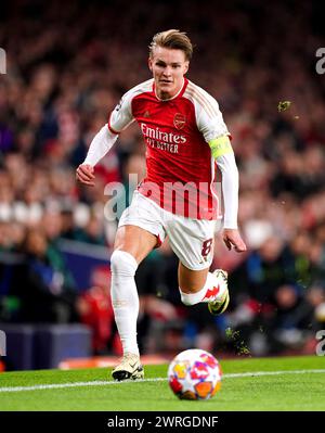 Martin Odegaard dell'Arsenal durante la UEFA Champions League Round of 16, partita di andata e ritorno all'Emirates Stadium di Londra. Data foto: Martedì 12 marzo 2024. Foto Stock