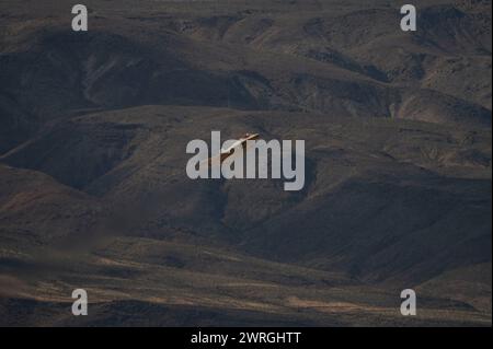 Un F-35A Lightning II della Royal Netherlands Air Force conduce un volo di familiarizzazione su un'area di addestramento di basso livello per Red Flag-Nellis 24-2, 7 marzo 2024. L'integrazione di asset di quinta generazione, come l'F-35, è un passo fondamentale verso il miglioramento della nostra sicurezza collettiva. Questi velivoli avanzati offrono funzionalità senza precedenti, tra cui stealth potenziato, fusione dei sensori e connettività di rete, che ci consentono di mantenere la superiorità aerea e scoraggiare potenziali avversari. (Foto U.S. Air Force di Senior Airman Megan Estrada) Foto Stock