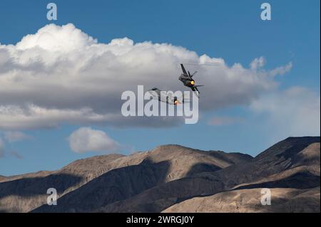 Due Royal Netherlands Air Force F-35A Lightning IIS conducono un volo di familiarizzazione su un'area di addestramento di basso livello per Red Flag-Nellis 24-2, 7 marzo 2024. Questi velivoli avanzati offrono funzionalità senza precedenti, tra cui stealth potenziato, fusione dei sensori e connettività di rete, che ci consentono di mantenere la superiorità aerea e scoraggiare potenziali avversari. (Foto U.S. Air Force di Senior Airman Megan Estrada) Foto Stock
